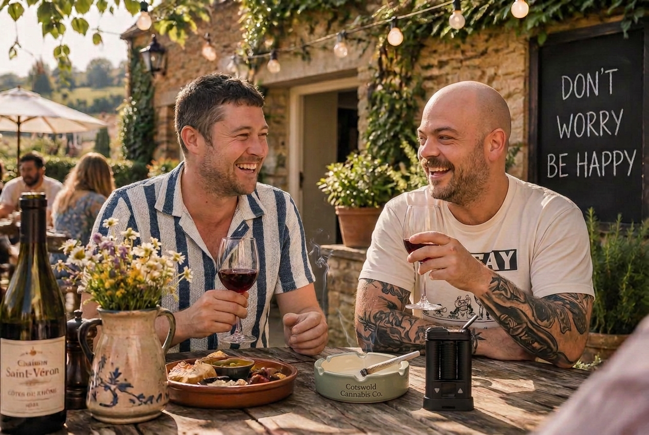 Two men laughing over red wine in a sunny beer garden, with a spliff resting in a sage ceramic Cotswold Cannabis Co. ashtray beside a dry herb vaporizer