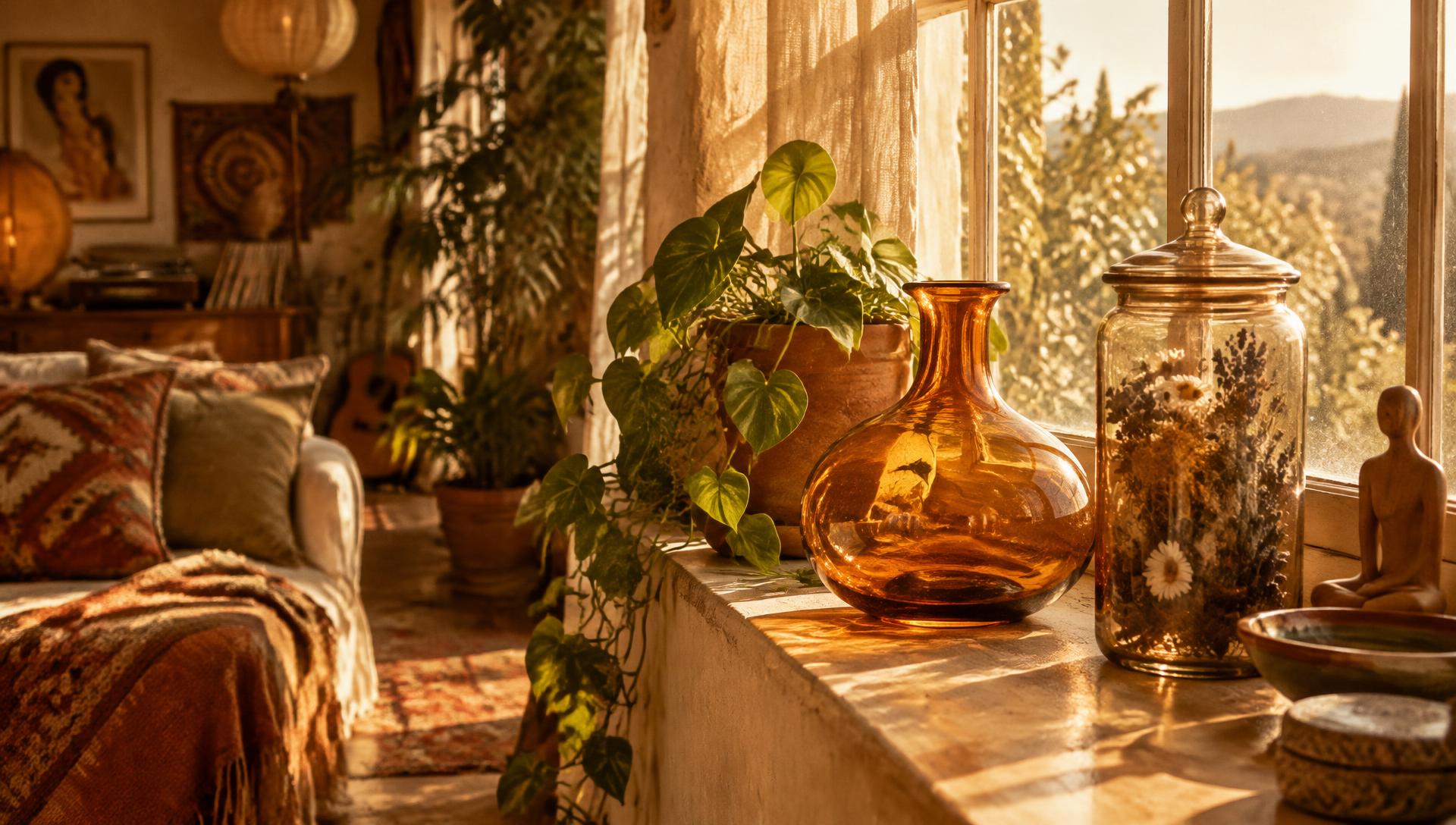 Glass vessel and apothecary jar on a Cotswold stone windowsill